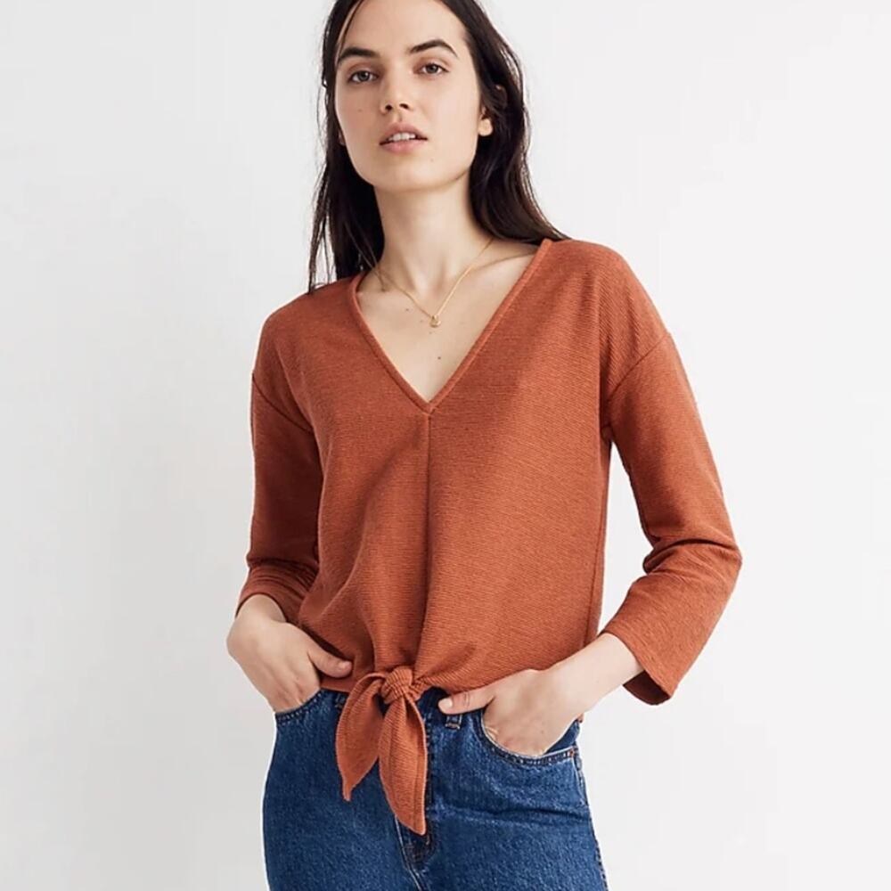 Madewell Texture & Thread Long-Sleeve Tie-Front Top 100% Cotton Size XL